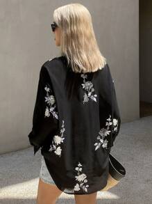 Livesso Áo cánh/áo sơ mi dài tay dáng rộng, màu trơn, cổ loe, mỏng, thường ngày mùa hè cho nữ, quần áo mùa thu - màu đen - Xem 2