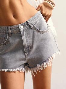 Bohemela 女式豹纹流苏下摆休闲梭织牛仔短裤 - 灰色 - 查看 5