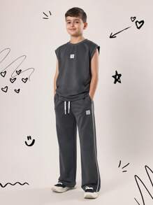 SUMWON 青少年运动套装两件套，包括运动背心和阔腿裤，无袖设计，现代运动服，训练服，休闲运动套装 - 深灰色 - 查看 1