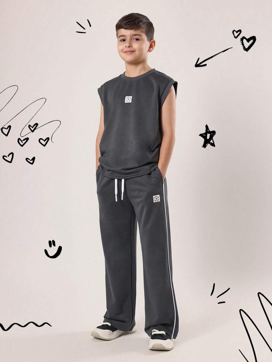 SUMWON 青少年运动套装两件套，包括运动背心和阔腿裤，无袖设计，现代运动服，训练服，休闲运动套装 - 深灰色 - 查看 1