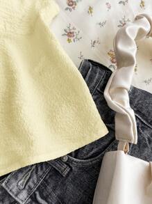 SHEIN TEENGIRL Yellow Bubble Texture Fabric Square Collar A-Line Short Shirt, Sweet & Cute, College Style Shirt