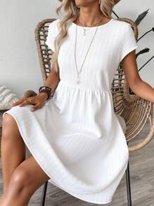 EMERY ROSE Women Plain Round Neck Short Sleeve Ruffle Hem Casual Mid-Length Dress White Dresses For Women - White - View 1