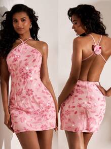 Opulessa Vestido corto de mujer con cuello de halter de tela con cuentas de unicolor