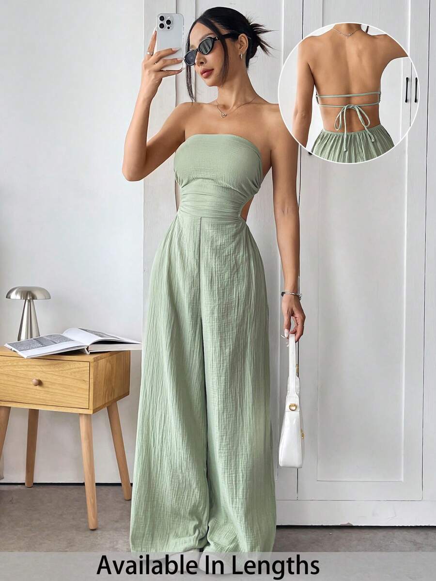 SHEIN Tall CURVE Plus Size Sexy Solid Color Backless Camisole Wide Leg Jumpsuit - Green - View 1