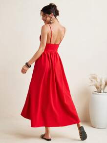 VIOLA AND VESPER Vintage Red Spaghetti Strap Corset Woven Poplin Voluminous Midi Dress Women Summer Dress