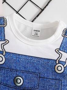 Peto informal de 2 en 1 de manga corta de punto con hombros abiertos y textura de denim para niños pequeños y bebés, prendas infantiles, ropa de bebé, mamelucos, adecuado para fiestas, deportes y salidas diarias, verano