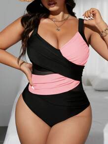 Swim SXY Plus Size Women Cross-Over Dual-Tone Mesh Splice Fitted One-Piece Swimsuit, Summer Beach Holiday - Baby Pink - View 1
