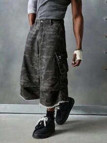 NEON BLANC Men's Street Fashion Denim Loose Wide Leg Camouflage Embroidery Decor Pocket Capri Pants, School, Streetwear Ready