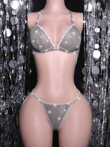 MidnightGlam Set de 2 piezas de lencería con lentejuelas para mujer, Rave - Plateado - Ver 5