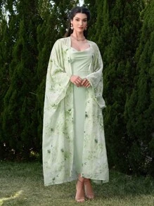 Modelyn 花卉印花长袖夹克和纯色连衣裙阿拉伯风格套装，适合女士，端庄 - 綠色 - 查看 7