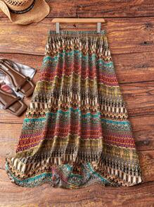 大码复古印花假日休闲半身裙长裙