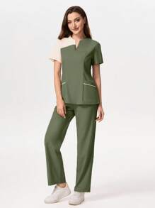 TaskEZ Color-Blocking Scrubs Set Consisting Of Short Sleeve Top And Pants, For /Healthcare Staff, Workout Clothes Women Scrub Sets For Women Scrubs Scrub Set Nurse Scrub Sets Women - Army Green - View 1
