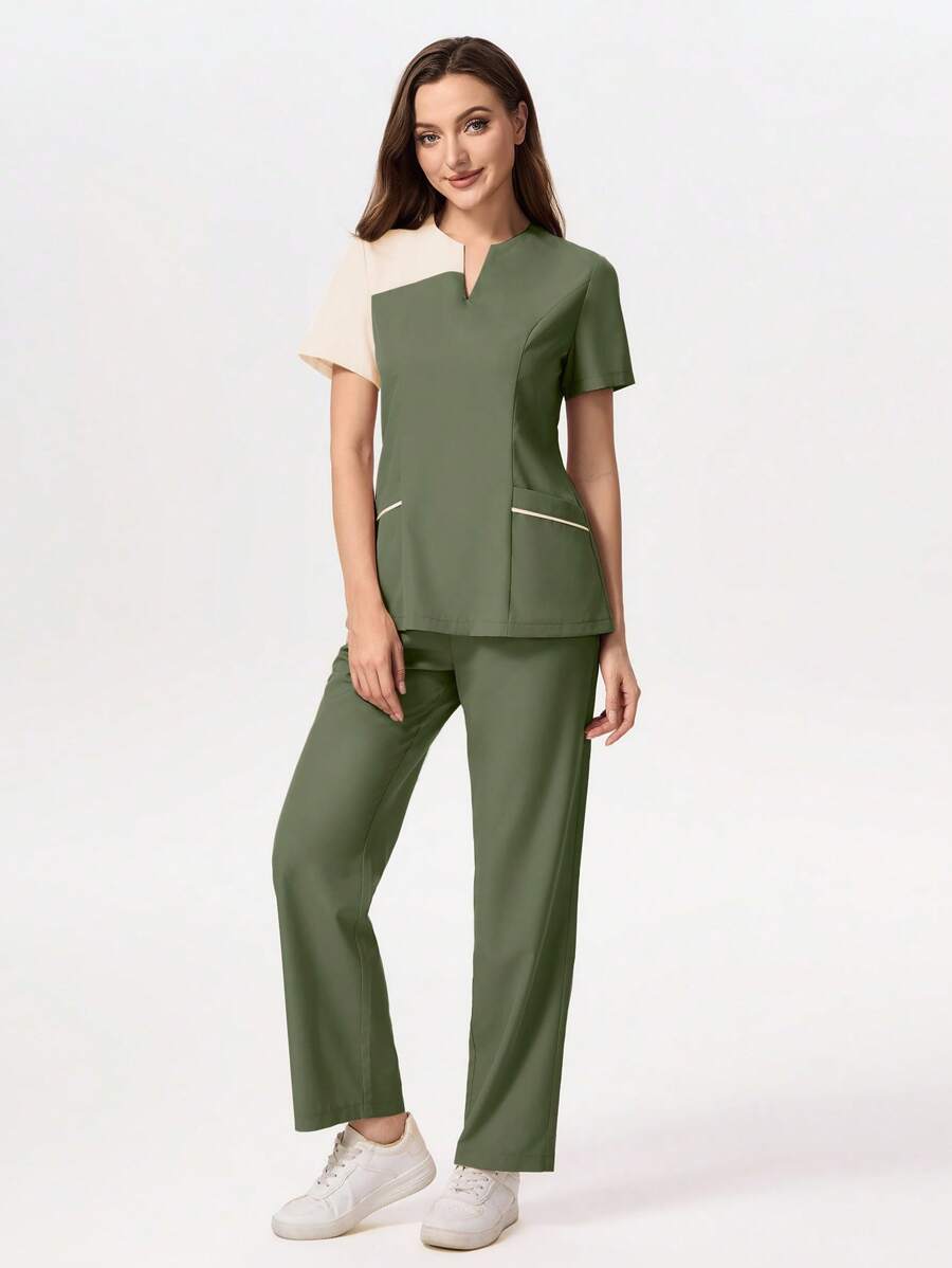 TaskEZ Color-Blocking Scrubs Set Consisting Of Short Sleeve Top And Pants, For /Healthcare Staff, Workout Clothes Women Scrub Sets For Women Scrubs Scrub Set Nurse Scrub Sets Women - Army Green - View 1