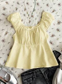 SHEIN TEENGIRL Yellow Bubble Texture Fabric Square Collar A-Line Short Shirt, Sweet & Cute, College Style Shirt