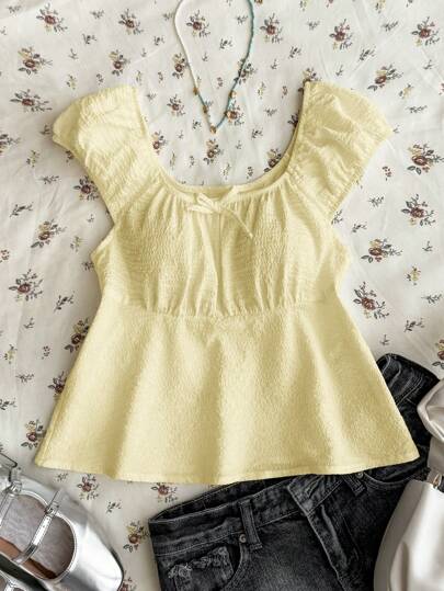 SHEIN TEENGIRL 黄色泡泡纹理面料方领A字短衬衫，甜美可爱，学院风衬衫