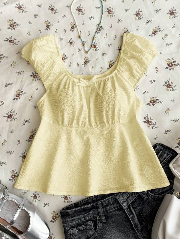 SHEIN TEENGIRL Yellow Bubble Texture Fabric Square Collar A-Line Short Shirt, Sweet & Cute, College Style Shirt