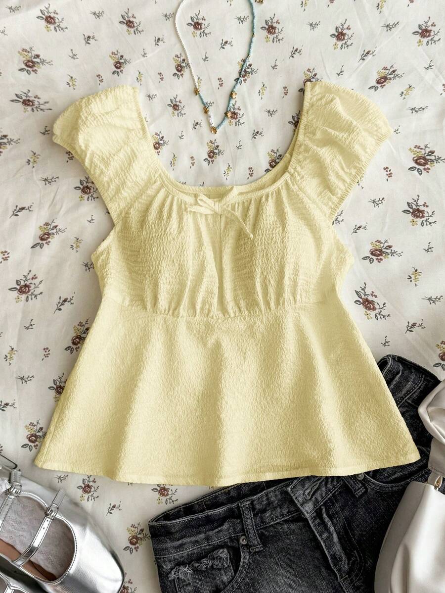 SHEIN TEENGIRL Yellow Bubble Texture Fabric Square Collar A-Line Short Shirt, Sweet & Cute, College Style Shirt