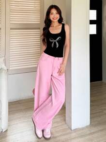 K-Vae Women's Solid Color Pockets Casual Versatile Wide Leg Jeans