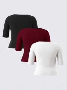 SHEIN BASICS 3pcs/Pack Casual Solid Color Knitted Square Neck Short Sleeve Form-Fitting Plus Size T-Shirt  Summer Tops - Multicolor - View 8