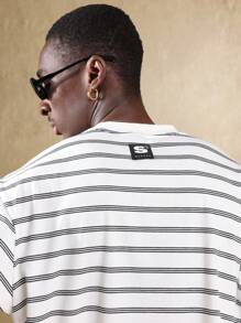 SUMWON Oversized Striped T-Shirt Casual Summer Basic Streetwear Tee Relaxed Fit Classic Top Daily Wear Essential Crew Neck - White - View 4