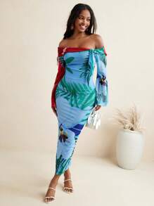 BELANGE HANDMADE Floral Mesh Print Off Shoulder Bow Flared Long Sleeves Fitted Women Dress Vacation Holiday