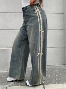 Dazy Plus Color Block Patchwork Ribbon Bow Decor Loose Wide Leg Jeans, Casual Women Denim Pants, All Season