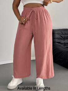 SHEIN PETITE CURVE 加大码纯色纹理面料松紧腰抽绳休闲全弹力裤，夏季 - 淺粉色 - 查看 1