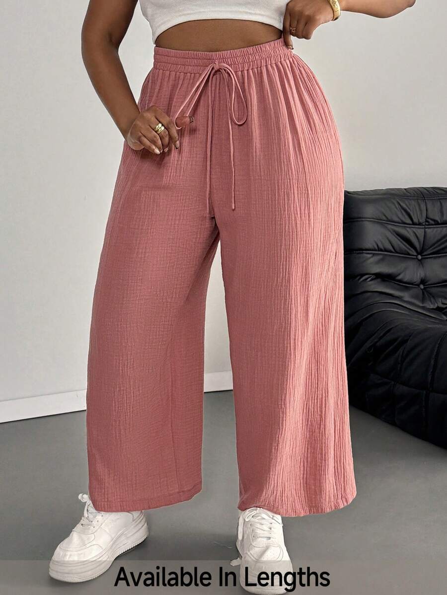 SHEIN PETITE CURVE 加大码纯色纹理面料松紧腰抽绳休闲全弹力裤，夏季 - 淺粉色 - 查看 1