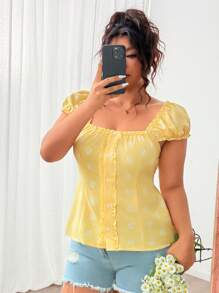 Flirla Plus Size Lightweight U-Neck Cinched Waist Shirt, Fashionable For Summer - Yellow - View 6