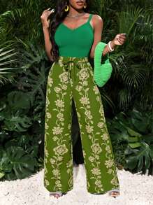 女士简约优雅绿色长款休闲裤，舒适款式 - 綠色 - 查看 1