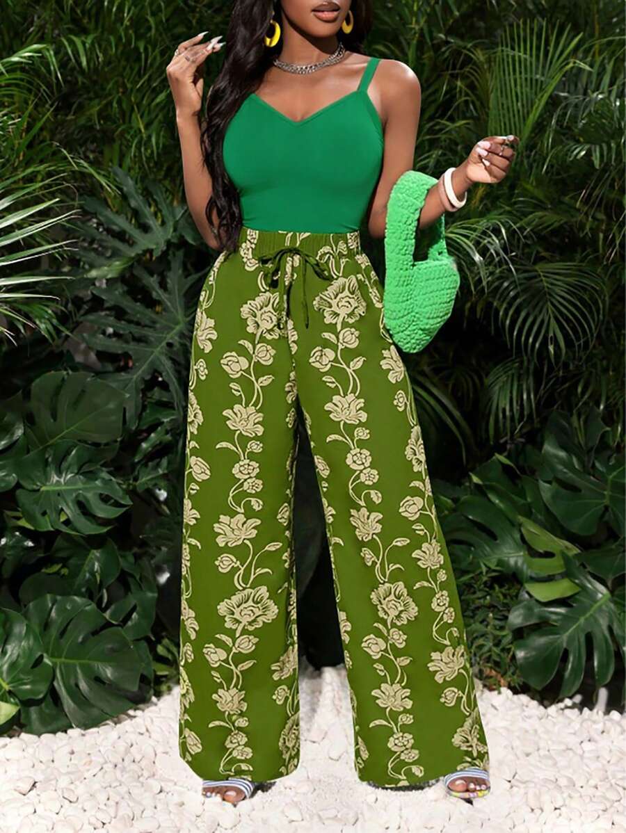 女士简约优雅绿色长款休闲裤，舒适款式 - 綠色 - 查看 1