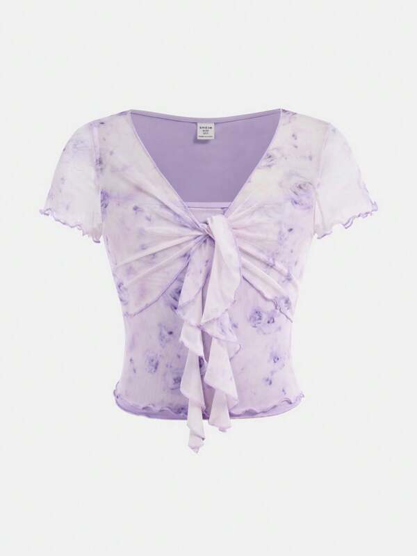 SHEIN Tween Girls' Elegant Ditsy Floral Bowknot Cropped Short Sleeve T-Shirt