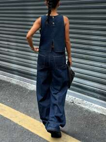 SHEIN Set di pantaloni e gilet smanicato, in denim ampio con tasche, casual e versatile, colore unito, collo rotondo, per ragazze; Pantaloncini corti da spiaggia, boho per vacanze estive; Outfit casual per concerti, festival e raduni estivi; Abbigliamento estivo per brunch, chiesa, laurea per ragazze