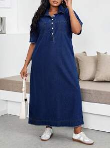 SHEIN Lady 大码休闲牛仔连衣裙，蓝色，短袖 - 深色水洗藍 - 查看 2