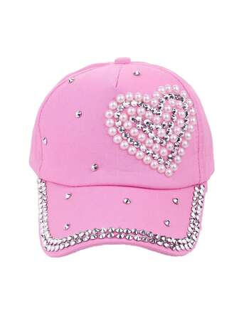 Grunge Punk Pink Heart Shape Crystal & Pearl Decor Baseball Cap, Fashion Casual Visor Sun Hat, Suitable For Party, Social Events, Vacation In Summer