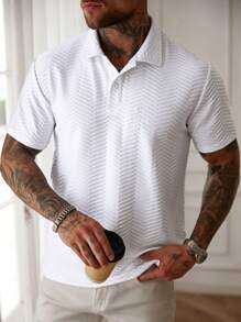 Manfinity CasualCool Manfinity EMRG Men's Casual Everyday Wear, Ins Inspired Design, Classic Textured Knit Short Sleeve Polo Shirt, Button Placket, Suitable For Music Festivals, Vacations And Daily Looks, Men's Color Block Textured Fabric Casual Polo Shirt, Gift For Husband Or Boyfriend