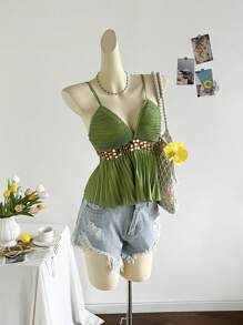 Soleia 休闲度假西式海滩婚礼宾客服装毕业早午餐吊带背心圣帕特里克节春假复活节节日优雅波西米亚热带水钻褶皱吊带背心上衣，春夏 - 綠色 - 查看 1