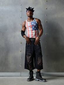 NEON BLANC Men's Streetwear Style Star & Stripe Letter Print Knit Tank Top, Suitable For Summer, School - Red and White - View 7