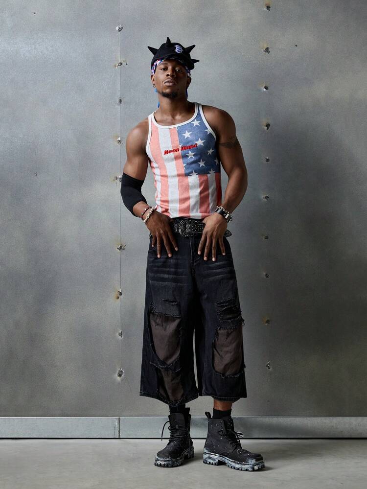 Men's Streetwear Style Star & Stripe Letter Print Knit Tank Top, Suitable For Summer, School
