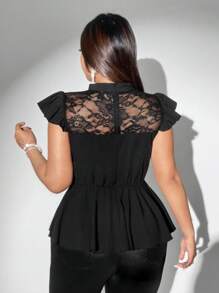 Viva Relle Plus Size Sheer Black Romantic & Elegant Blouse With Cap Sleeves - Black - View 2