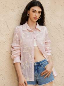 SHEIN Unity Camisa de manga larga de dama, nueva para verano, con cierre de botones delanteros, diseño holgado y estilizador, bordado 3D floral, cinta de gran resistencia, fresca y versátil - Rosa Pálido - Ver 5
