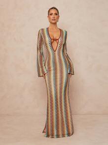 Lumalex Fall Modest Old Money Coquette Rave Festival Outfits Formal Fall Modest Old Money Coquette Summer Swimsuit Swimwear Swim Vacation Elegant Easter Bohemian BOHO Sea Beach Hot Outdoor Richly Layered Wedding Season Banquet Coming Of Age Ceremony Beach Seaside Metal Decor Deep V-Neck Flared Long Sleeve Bodycon Striped Print Dress For Women Women Dresses Birthday Women Casual Dress Long Dress With Sleeves Crochet Dress Striped Dress Unique Dress Cruise Dinner Dress - Multicolor - View 4