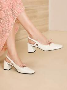 MOTF PREMIUM 方头蝴蝶结装饰粗跟高跟鞋 - 糯米白色 - 查看 2