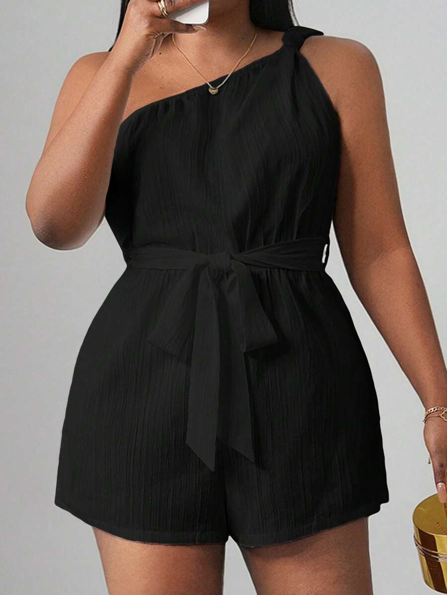 Slaydiva 2025年女士夏季休闲连体裤，百搭连体裤，适合日常穿着、度假、邮轮旅行、海滩度假、日光浴。单肩扭腰设计，纹理面料，系带腰身，修身剪裁，白色 - 黑色 - 查看 1