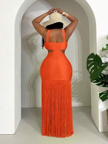 Slaydiva 大码女式镂空流苏下摆度假休闲连衣裙 - 橘色 - 查看 2