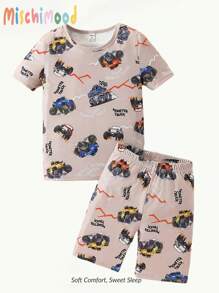 2件套青少年男孩卡车和字母印花休闲罗纹短袖T恤和短裤家居服套装 - 彩色 - 查看 1