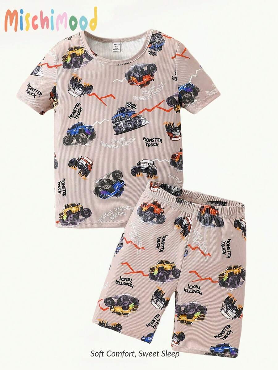 2件套青少年男孩卡车和字母印花休闲罗纹短袖T恤和短裤家居服套装 - 彩色 - 查看 1
