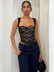 SHEIN BAE Black Lace Sheer Sexy Square Neck Tank Top With Ruffle Trim, Women's Night Out, Birthday Party, Cocktail Party, Club, Date Night, Casual Wear, Cute Bralette, Sexy Clubwear Top, Halloween Clothes,Halloween Costume