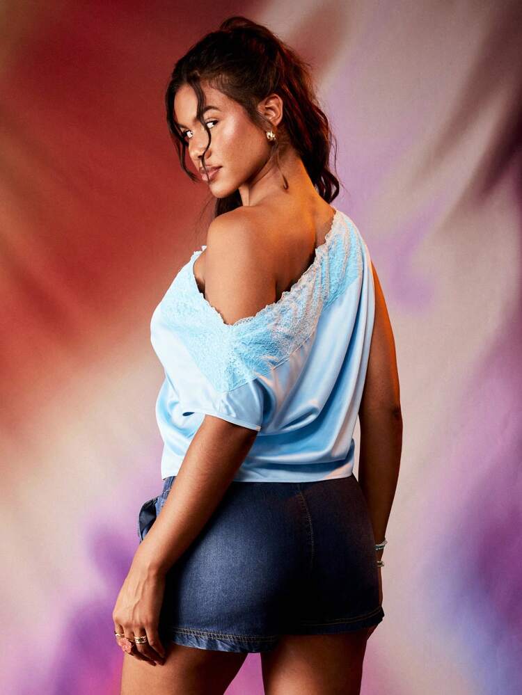 MISSGUIDED Asymmetrical One Shoulder Satin Blouse With Delicate Lace Trim Evening Party Special Occasion Wedding Guest Statement Top Festival Summer Spring