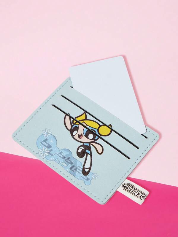 THE POWERPUFF GIRLS X SHEIN 1 Stück Blüten, Blasen, Butterblume Muster Studenten/Bus/Kreditkarten Leder Kartenetui Mini Geldbörse, Blau